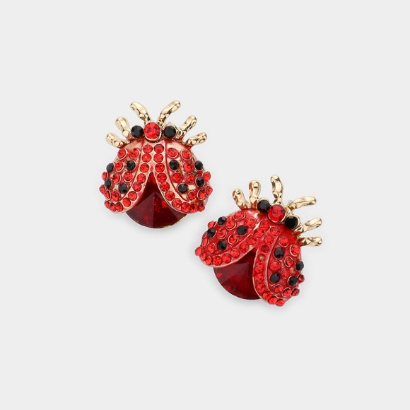 Red Ladybug Rhinestone Crystal Bug Stud Earrings Black Gold Statement Jewelry - Picture 1 of 2
